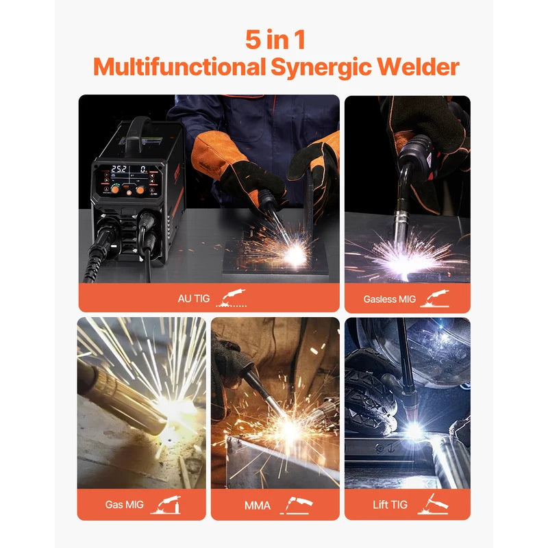 5-in-1 MIG Welder 200Amp Gas & Flux Core MMA TIG with LCD Display