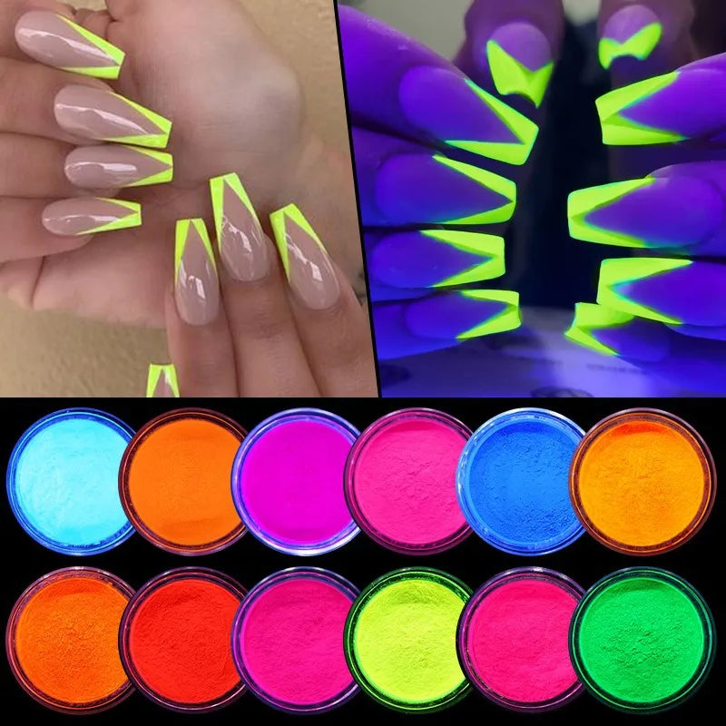 12-Color Neon Pigment Powder Set for Nail Art & DIY Manicure - Fluorescent Glitter Dust