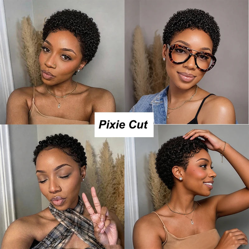 Short Kinky Curly Human Hair Wigs for Women - Afro Pixie Cut, Daily & Party Wear