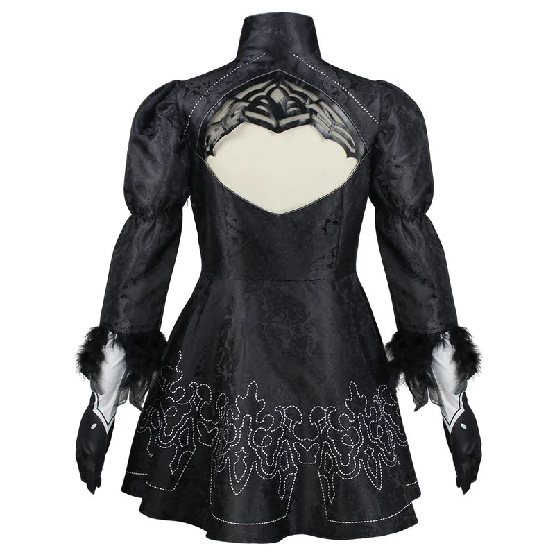 Yorha 2B Cosplay Costume Full Set - Black Leotard Dress with Wig Gloves Eyemask Socks
