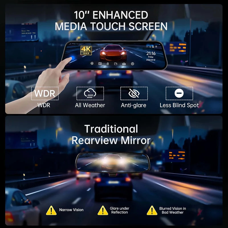UHD 4K Dual Lens Car Dash Cam with Mirror Display 9.66 Inch IPS Screen and 32GB Card