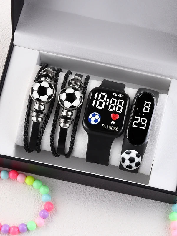 Sports Watch with Silicone Band and Football Leather Bracelet - Gift Set