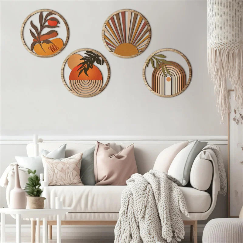 Set of 4 Wooden Bohemian Wall Decor Round Wall Hangings for Farmhouse & Garden