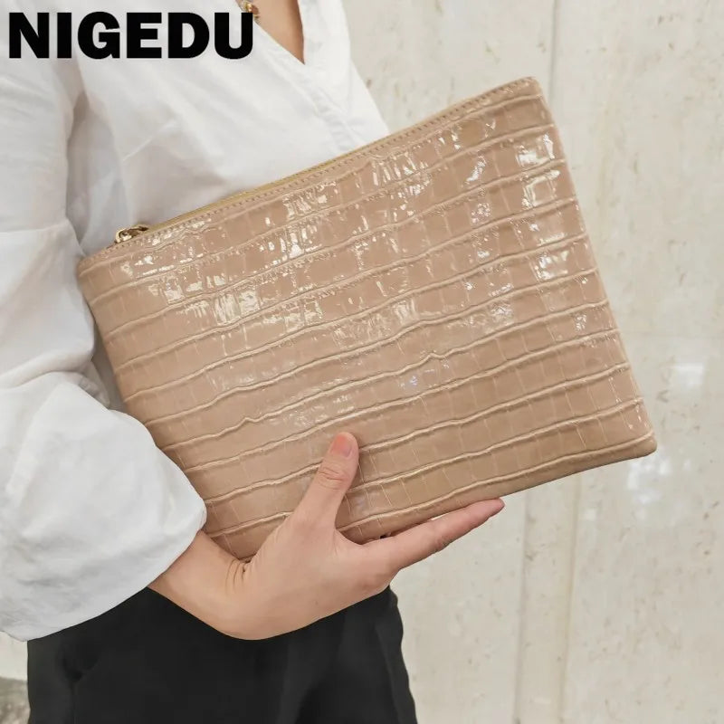 Women’s Crocodile Leather Envelope Clutch Bag Large Evening Party Handbag