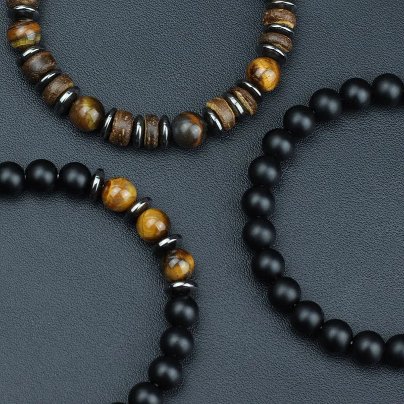 Natural Stone Men’s Beaded Bracelet Set - Onyx, Tiger Eye, Wooden Charm Gift