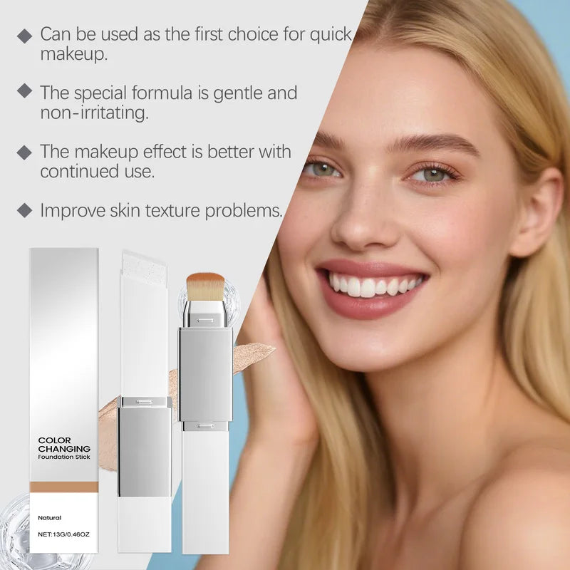 2-in-1 Color Changing Foundation Stick with Detachable Brush - Natural Matte Coverage