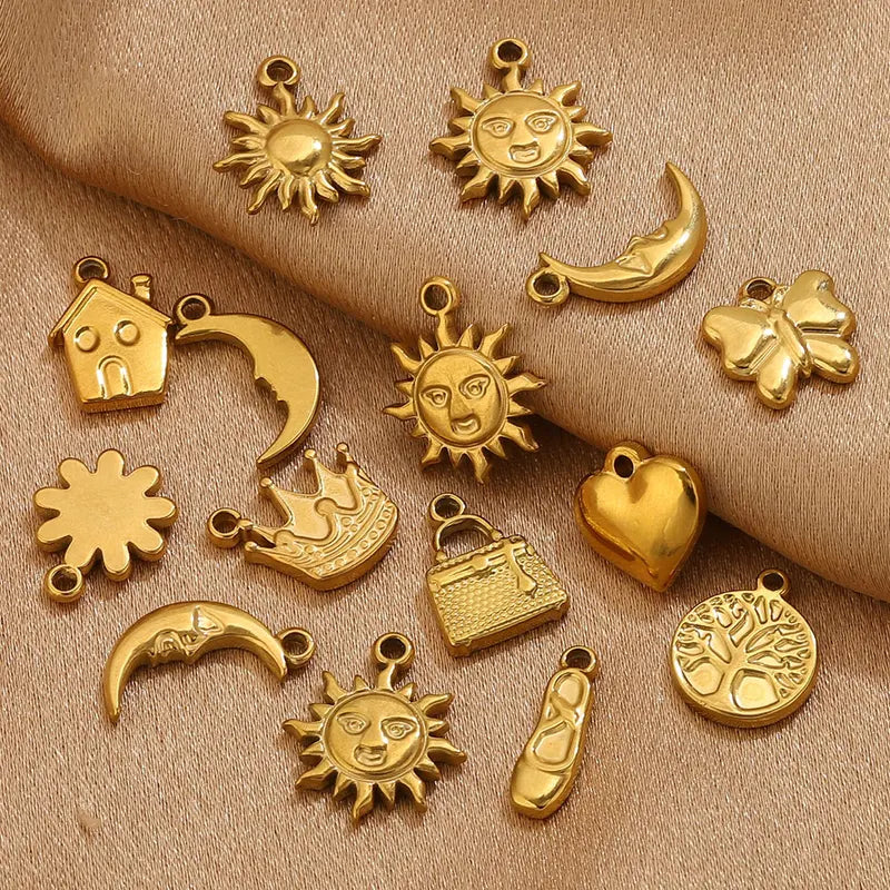 10pcs Stainless Steel Charms for Jewelry Making - Sun Moon Flower Pendants, Gold & Silver Plated