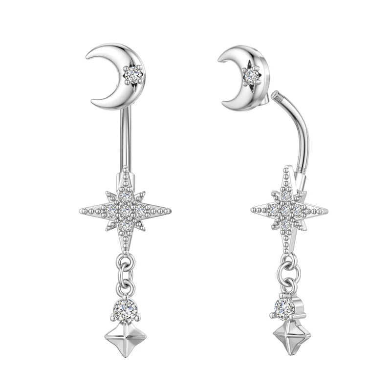 Moon & Star Belly Piercing Jewelry 14G Curved Navel Ring for Women Girls