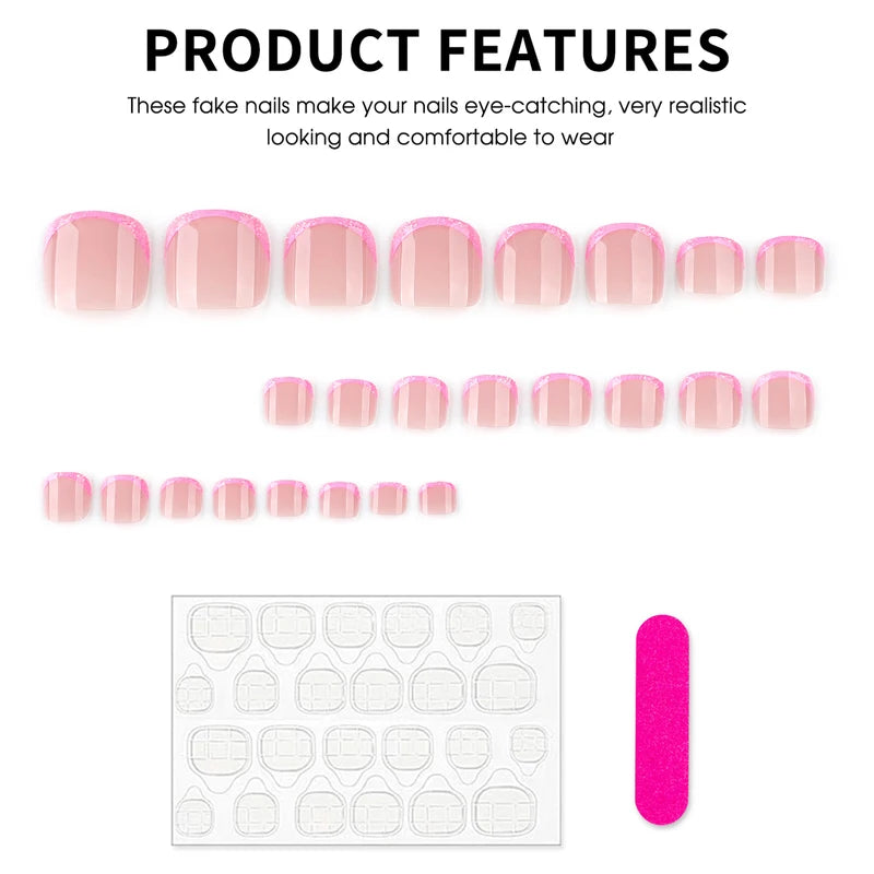 Pink French Tips Fake Toenails 24Pcs Nail Tips Set with Sequins for Summer - Multiple Colors