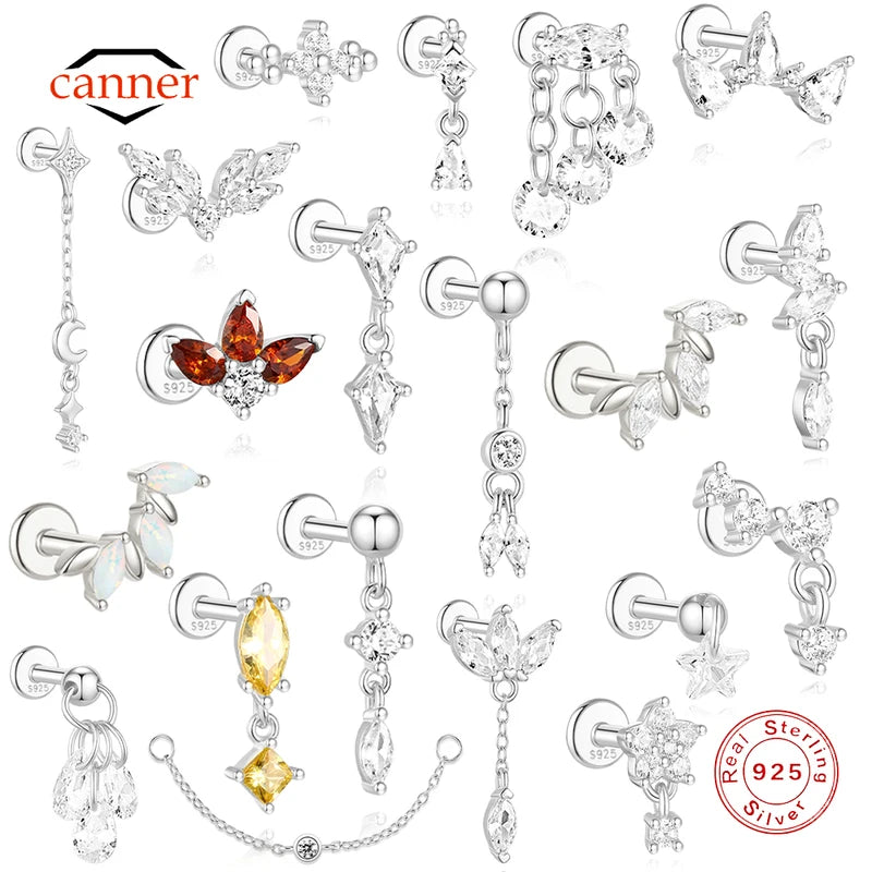 Sterling Silver Horse Earring with Zircon Star Flower Geometric Design - Women’s Stud Jewelry
