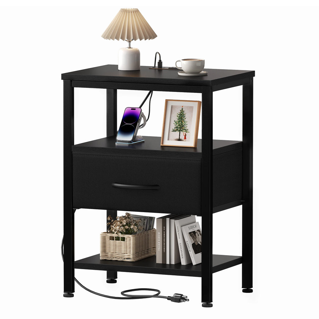 Nightstand with Fabric Drawers, LED Light Strip & Charging Station - Compact Bedside Table with Storage