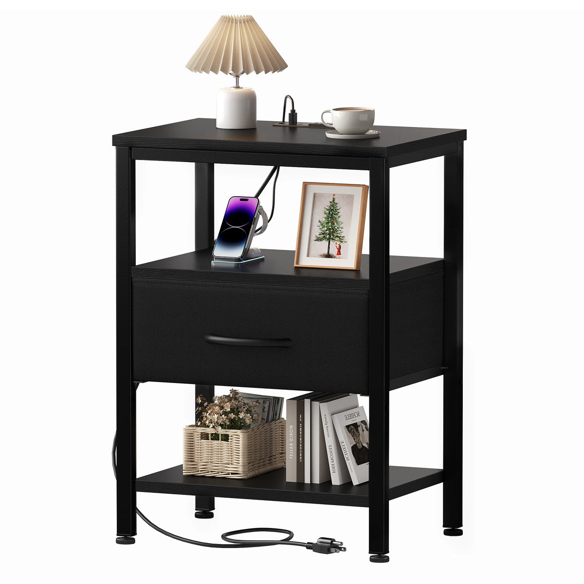 Nightstand with Fabric Drawers, LED Light Strip & Charging Station - Compact Bedside Table with Storage