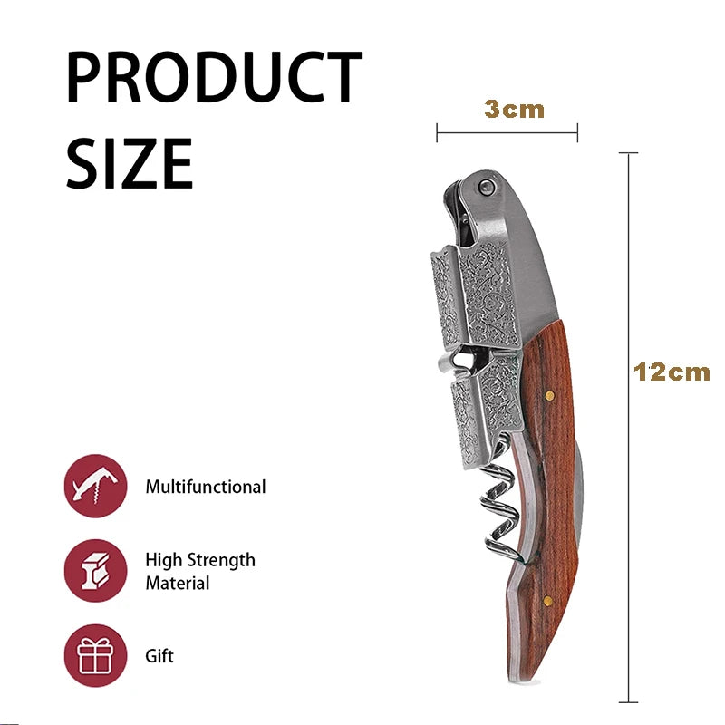 Professional Waiters Corkscrew with Ergonomic Wooden Handle and Bottle Opener