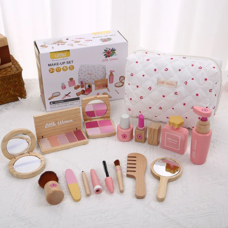Kids' Pretend Makeup Toy Wooden Dress-Up Vanity Set with Makeup Bag for Girls