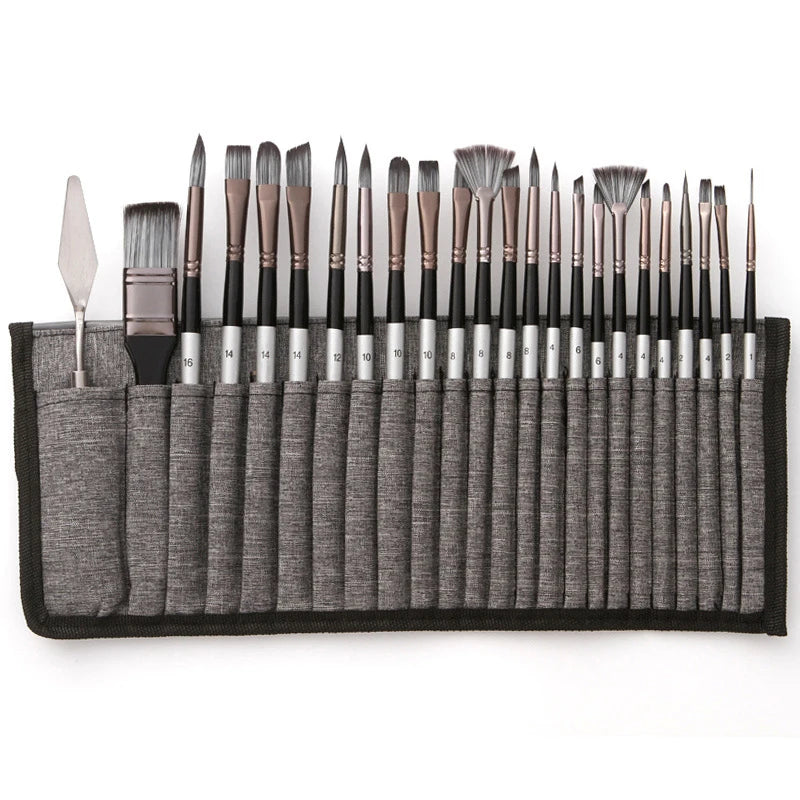 24-Piece Paint Brush Set for Watercolor Acrylic Gouache & Oil Painting - Nylon Hair, Aluminum Tubes