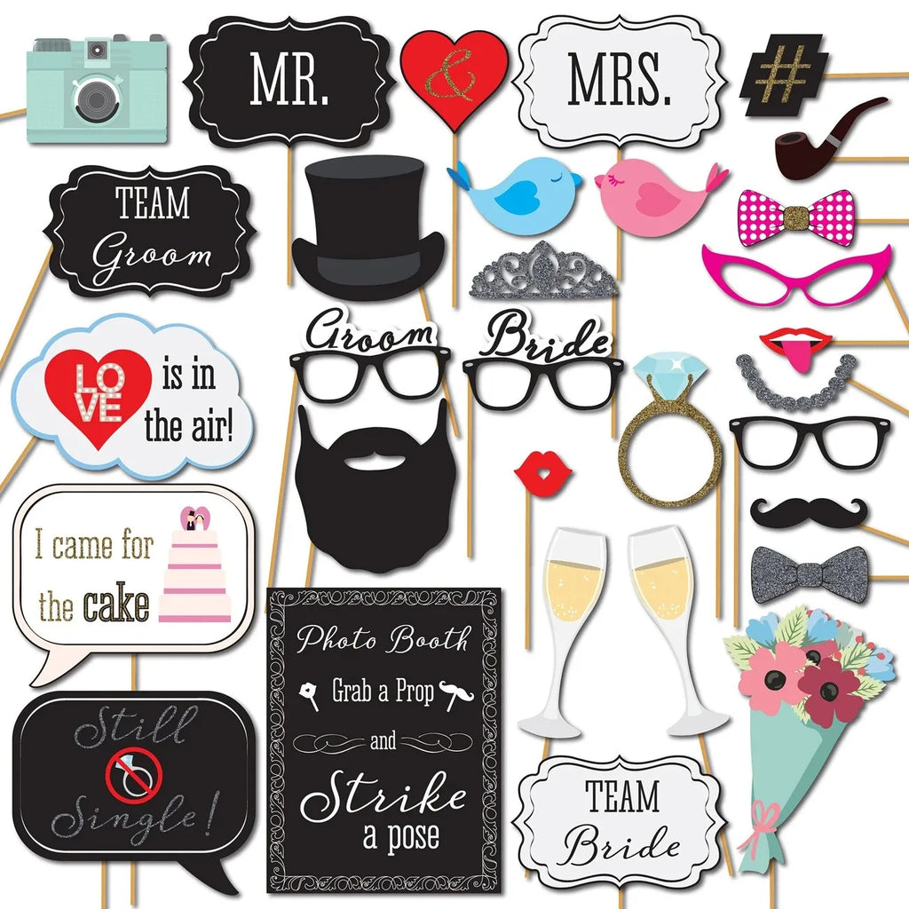 Wedding Photo Booth Props Set Mustache Lips Glasses for Bridal Shower & Party