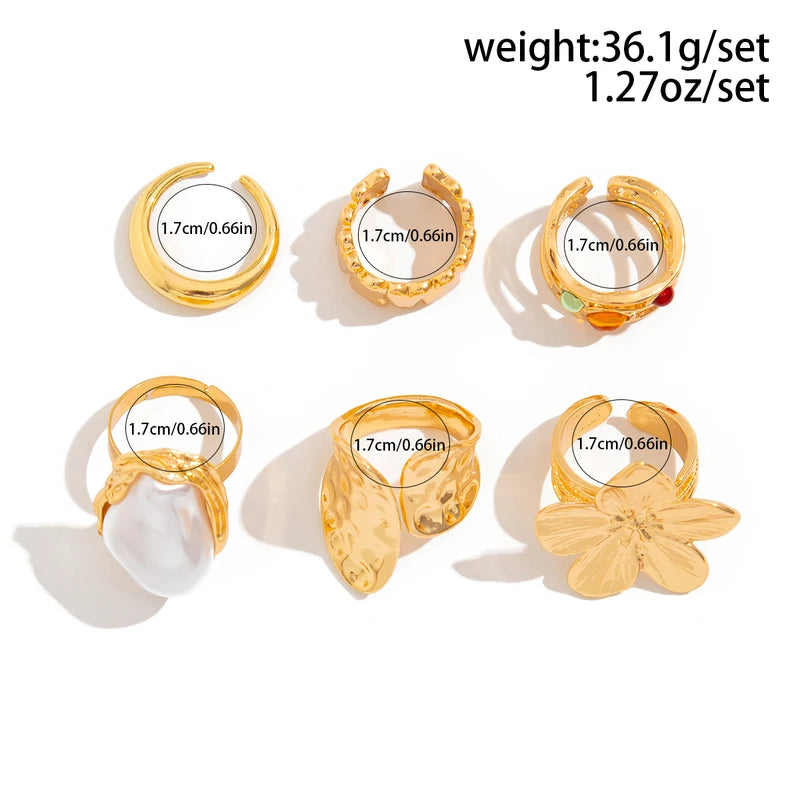Elegant Irregular Metal Flower Open Rings Set with Imitation Pearls for Women