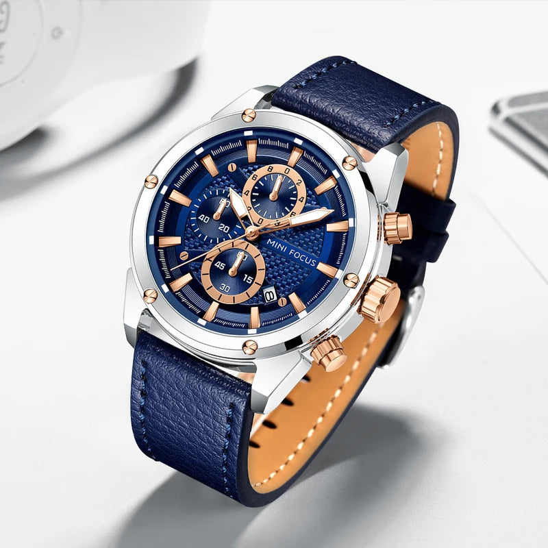 Mini Focus Business Quartz Watch for Men Waterproof Luminous Chronograph Leather Strap