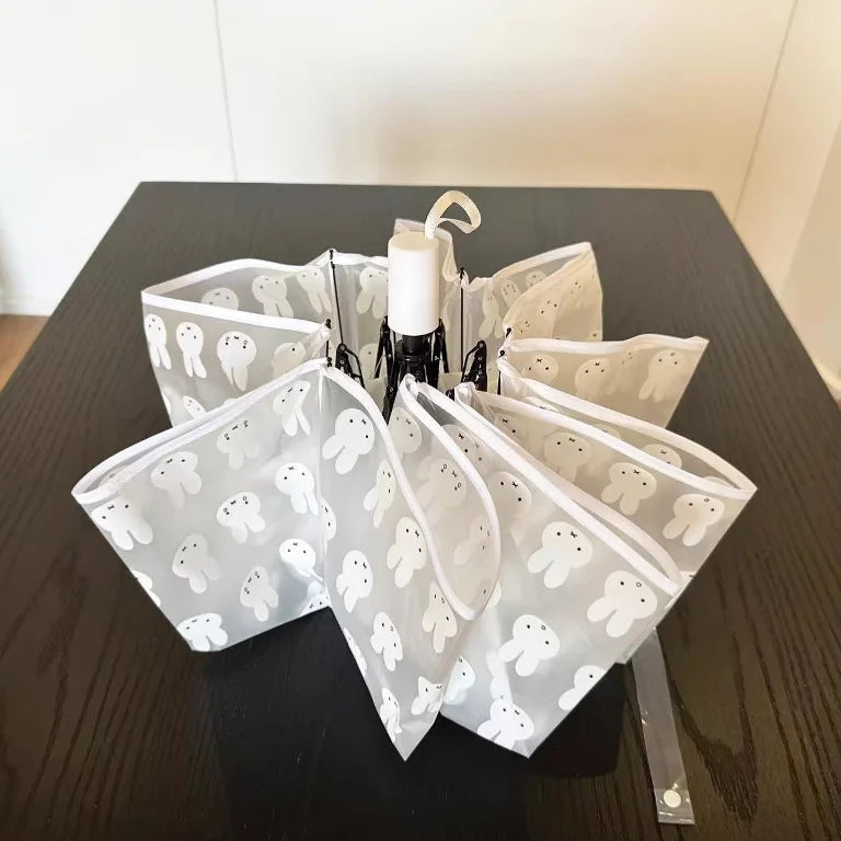 Kawaii Frosted Transparent Umbrella with Cartoon Rabbit Design - Portable Folding Rain Gear