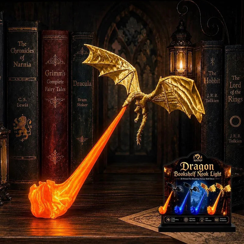 Fire Breathing Dragon Book Nook Light - 3D Printed Flying Dragon Shelf Decor