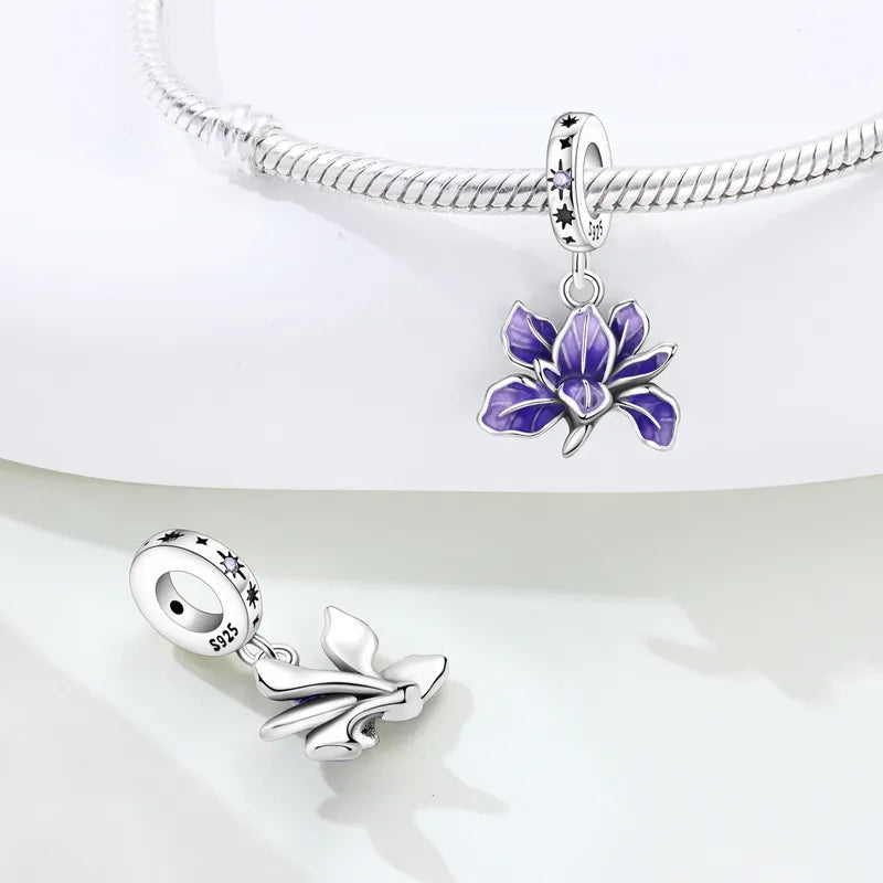 Sterling Silver Flower Pendant Charms for Jewelry Making - Purple Iris
