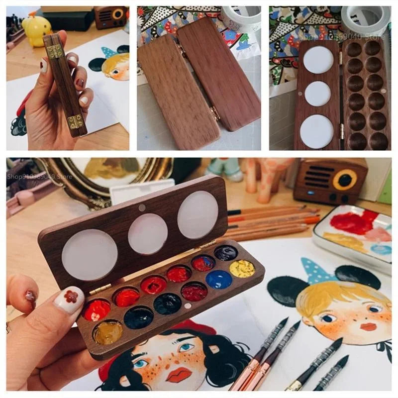 Portable Wooden Watercolor Paint Box with Magnetic Palette for Artists - Travel Sketching