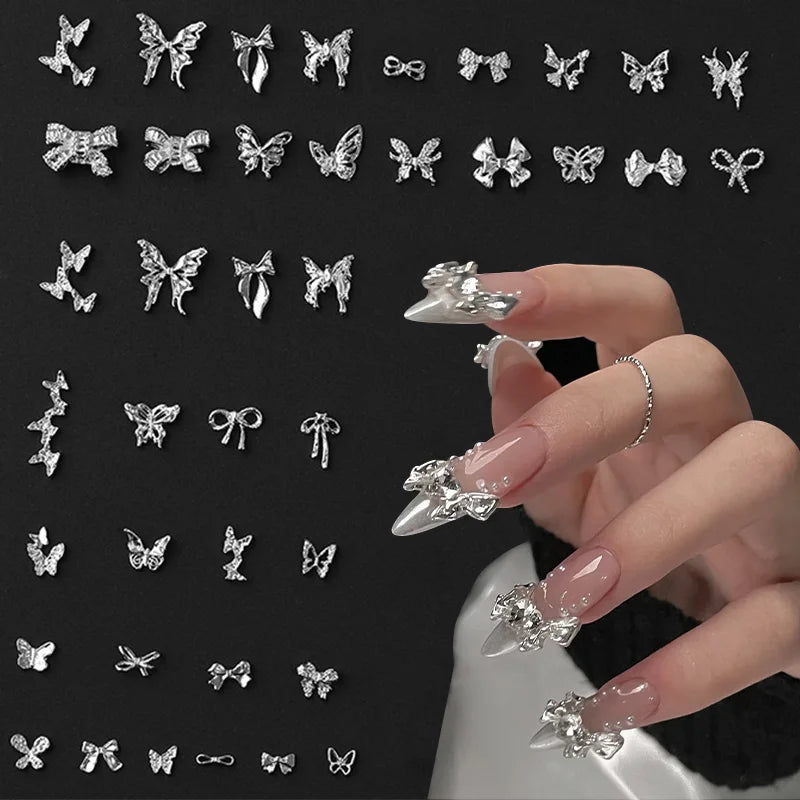 50PCS Nail Charms Butterfly Bowknot Nail Art Decorations Rhinestone Accessories