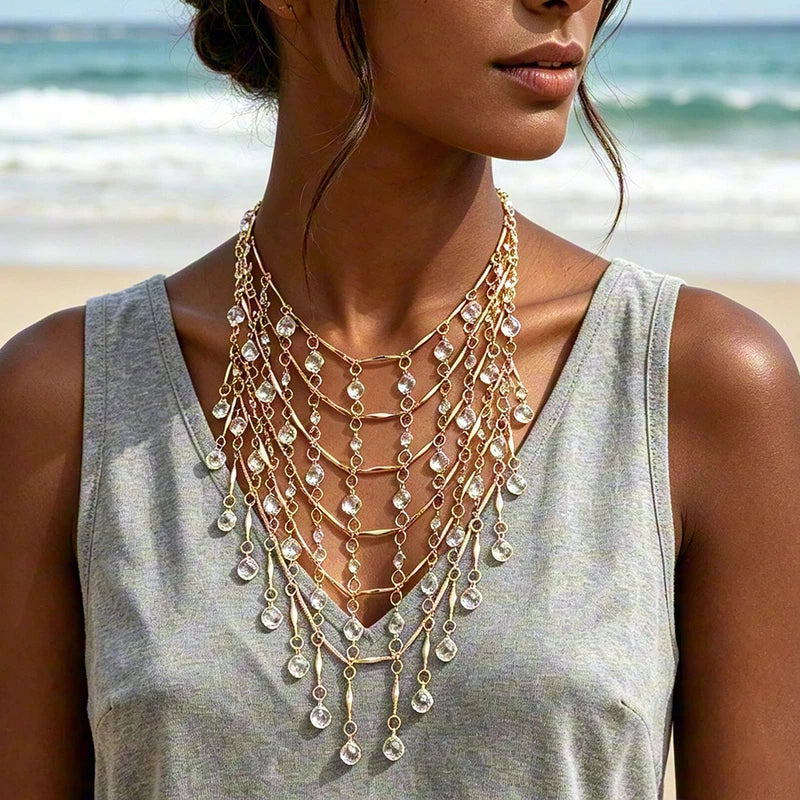 Multilayer Gold Waterfall Crystal Tassel Necklace for Women Bohemian Beach Wedding Party Jewelry Gift