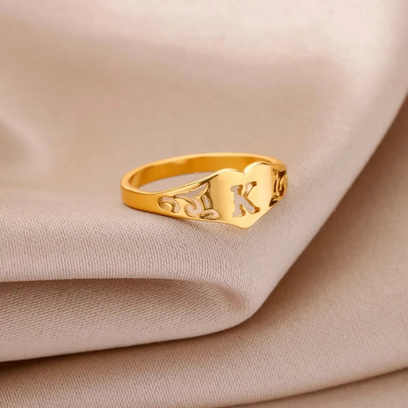 Stainless Steel A-Z Letter Heart Rings for Women - Hollow Initial Jewelry