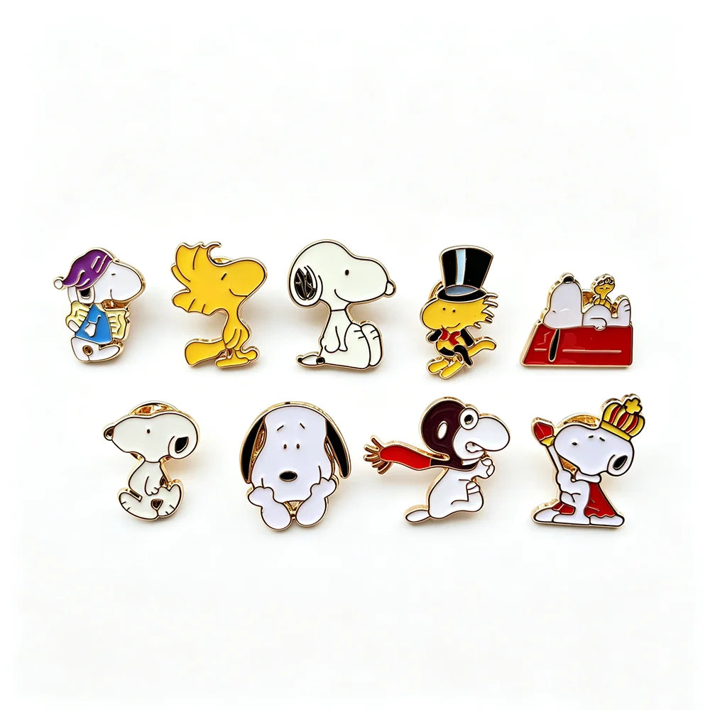 9pcs Cartoon Snoopy & Woodstock Brooch Set Collectible Pins for Fans Kids Backpacks