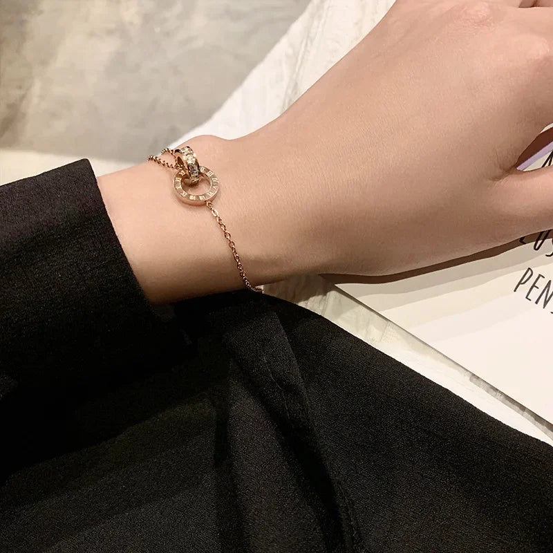 Double Ring Cross Zircon Bracelet for Women Stainless Steel Jewelry