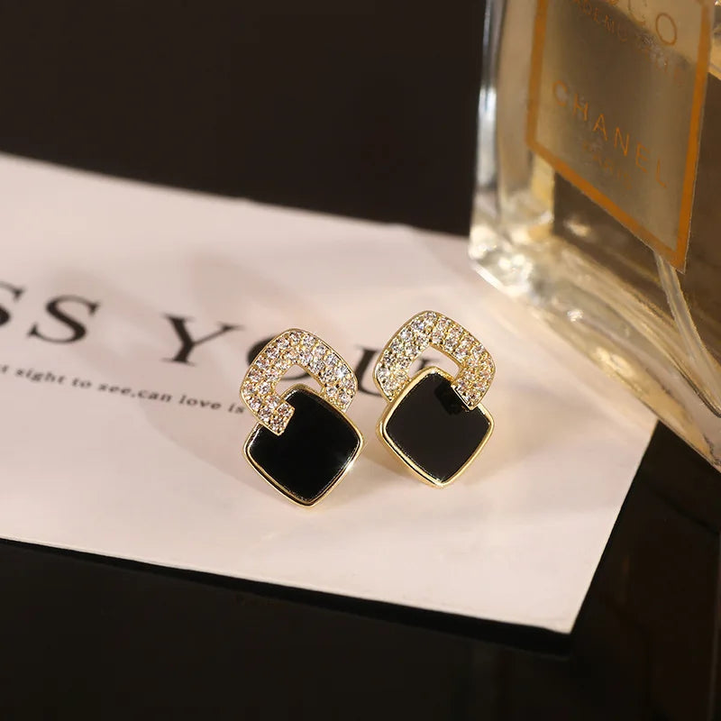 Korean Style Black Zircon Stud Earrings for Women Geometric Rhinestone Jewelry