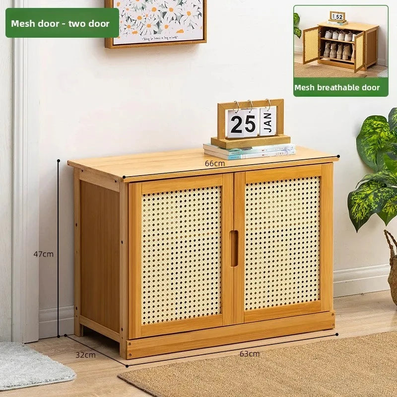 Wooden & Bamboo Shoe Cabinet with Door Storage and Stool - Multi-Color Options