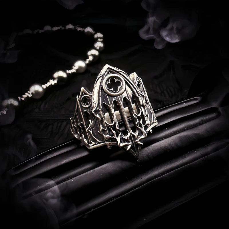 Retro Gothic Cathedral Open Ring for Men Silver-Plated Brass Dark Indie Jewelry