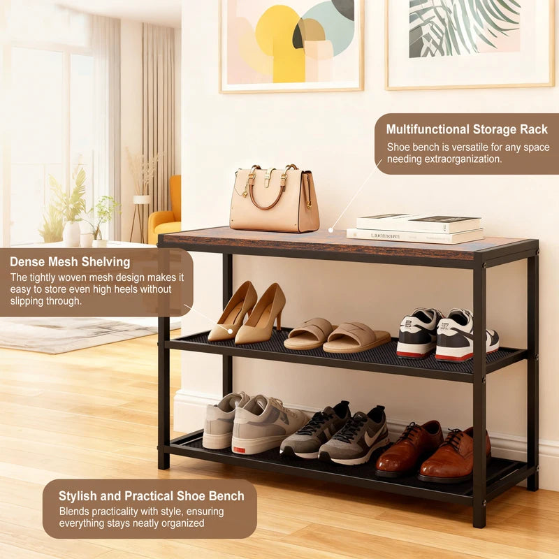3-Tier Shoe Bench with Storage Mesh Shelves Entryway Organizer Sturdy Bench