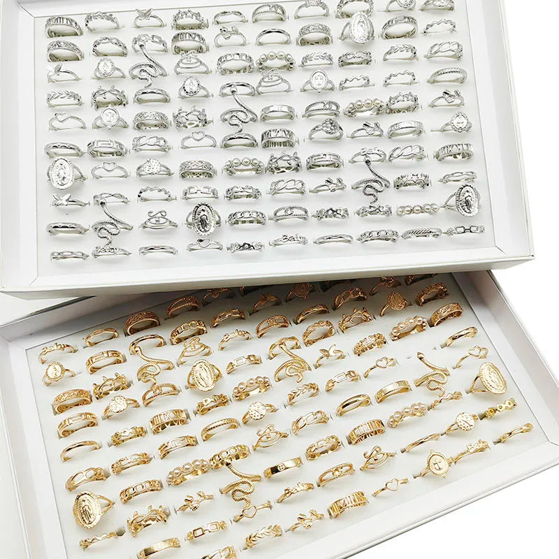 Set of 30 Antique Style Silver Finish Finger Rings for Women Mix Styles Gift Party