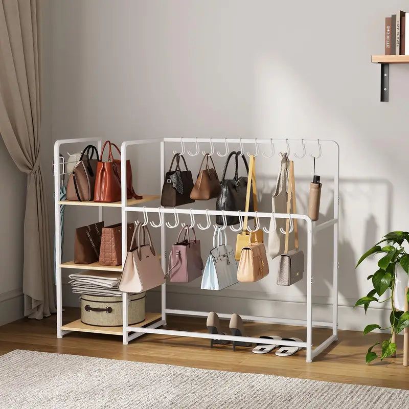 3-Tier Purse Organizer Rack with Wheels and Shelves for Closet Storage