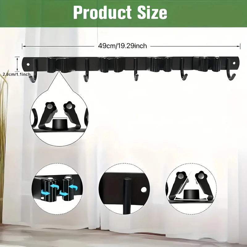 Wall-Mounted Broom and Mop Rack with Hooks - Garden & Garage Storage Organizer
