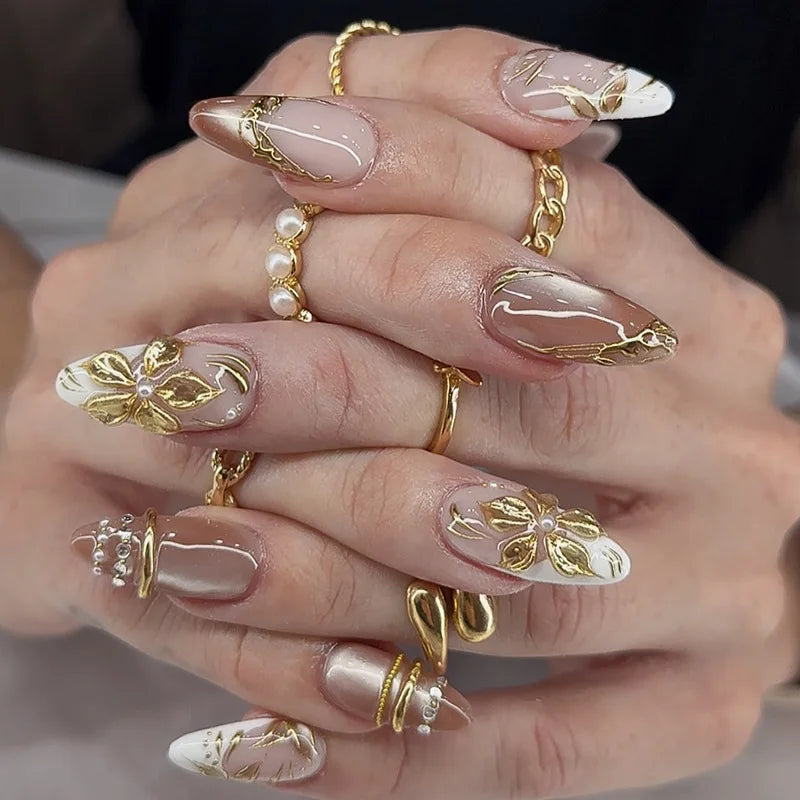 24Pcs Irregular Gilded False Nail Set with Pearl Glitter Almond Acrylic Tips