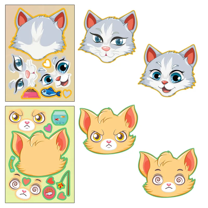 6pcs Cartoon Cat Face Changing Puzzle Stickers Kids DIY Face Toy Animal Accessories