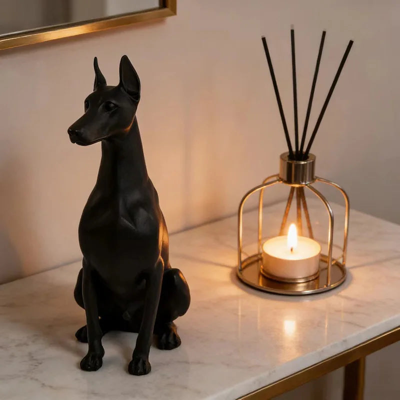15cm Black Doberman Dog Animal Resin Statue - Realistic Home Decor Figurine