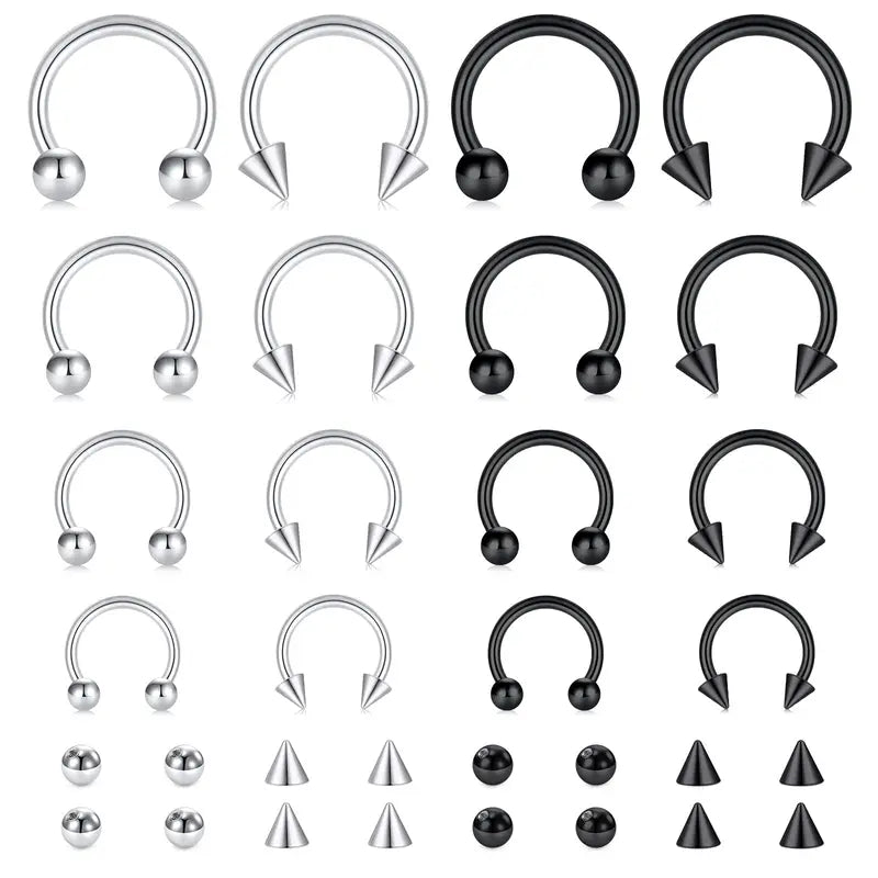 Septum & Cartilage Hoop Piercing Jewelry Set - Stainless Steel Horseshoe Rings
