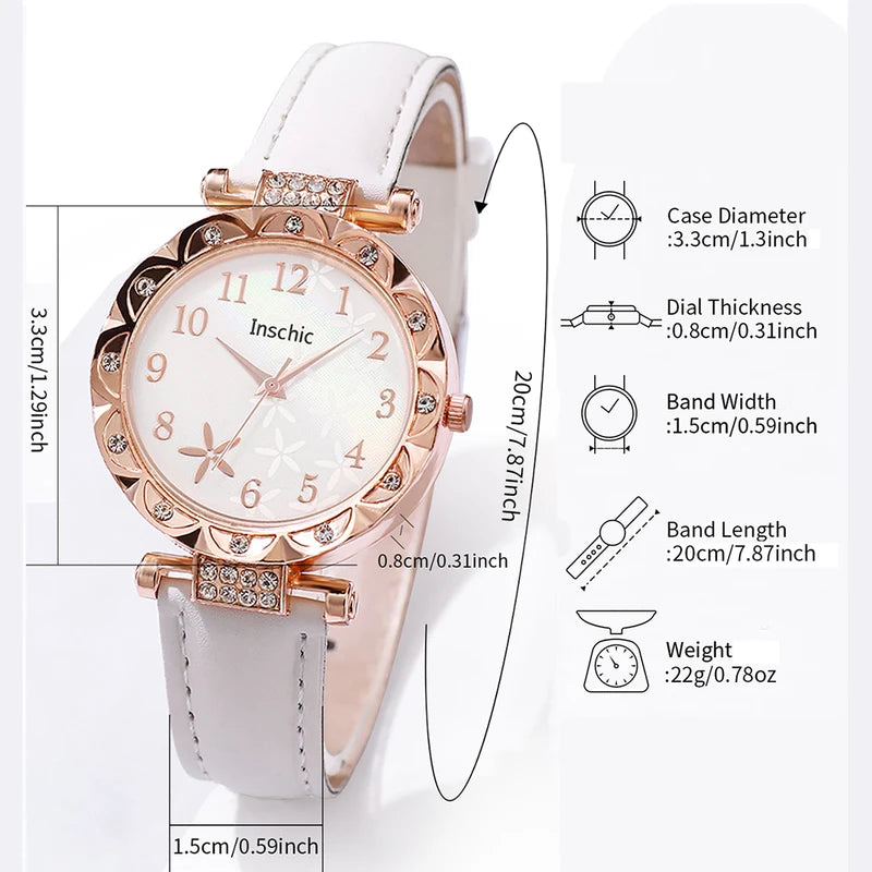 Women’s Fashion Flower Dial Quartz Watch Set with Leather Bands and Bracelets