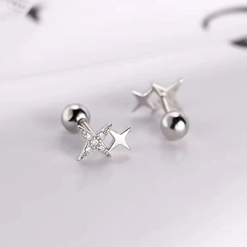 925 Silver Zircon Star Bead Screw Stud Earrings for Women Party Jewelry