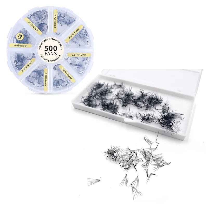 Premade Russian Volume Eyelash Fans - 3D to 8D L Curl, 500 Fans per Tray