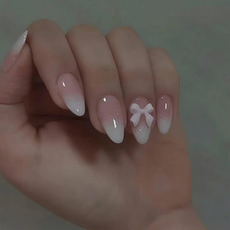 24PCS Almond Press-On Nails with Pink Bow Designs - Glossy Fake Nails for Women and Girls