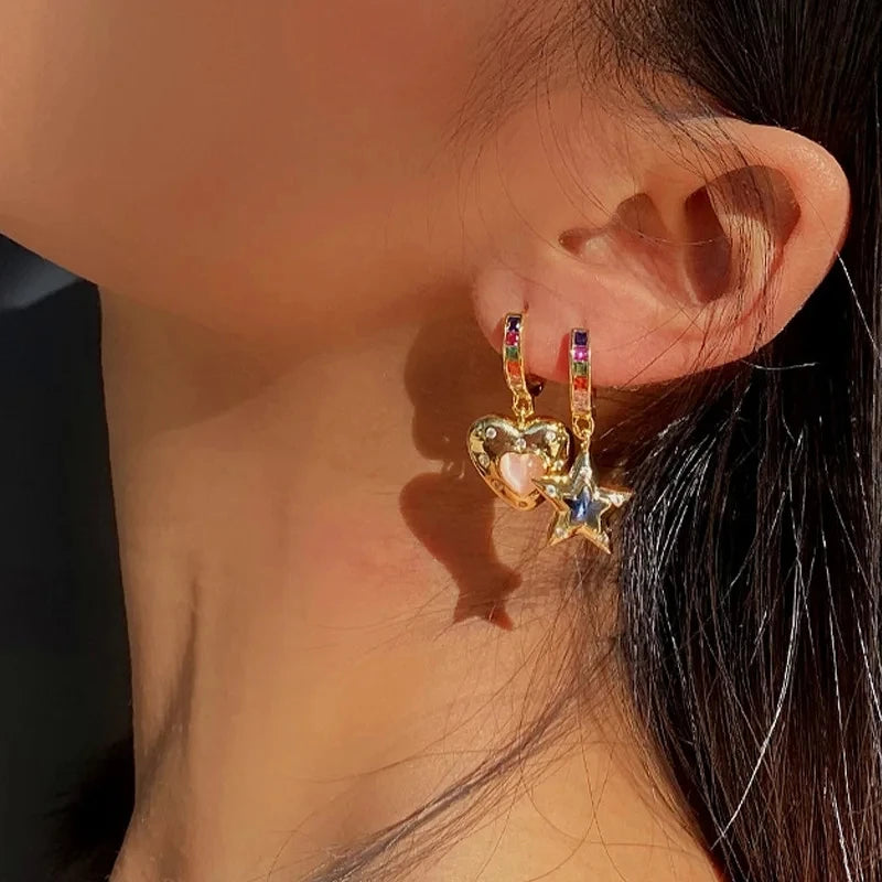 Romantic Heart Star Copper Zirconia Pendant Earrings for Women Unisex Jewelry