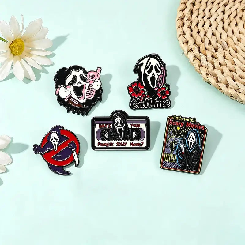 5-Piece Gothic Skull Enamel Brooch Set - Punk Metal Badge Jewelry Halloween Gifts