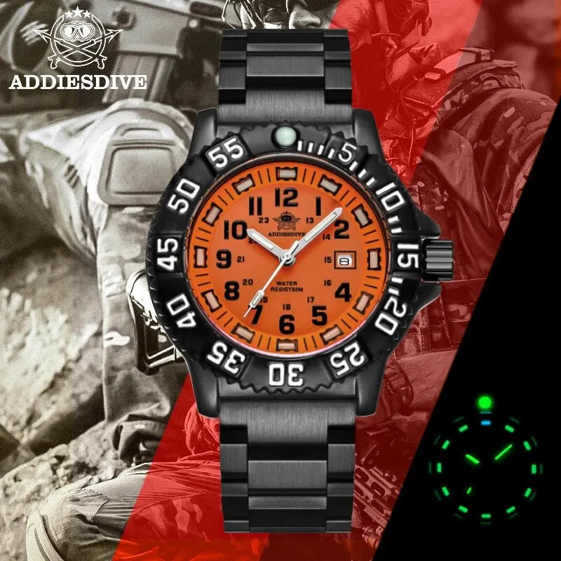 Men's Military Style Waterproof Sports Watch with Luminous Dial and Steel Strap