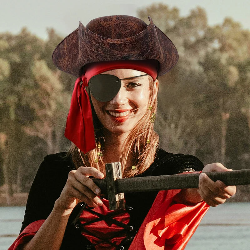 Unisex Faux Leather Pirate Hat with Vintage Button for Costume & Party